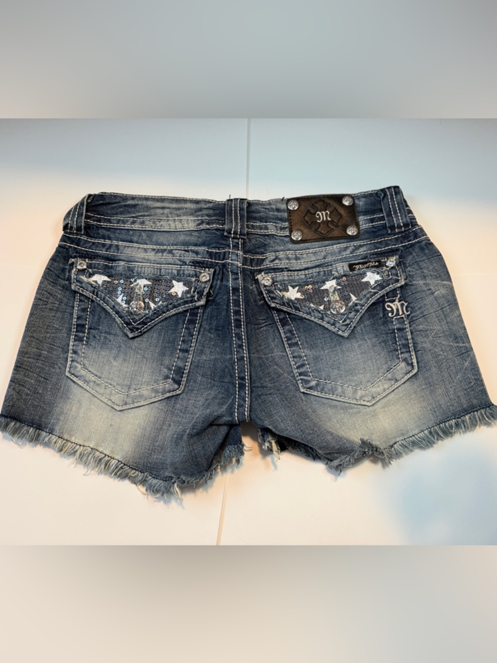 Miss Me Dark Denim Jean Shorts with Red & White American Flag Sequin Panels - Picture 2 of 3